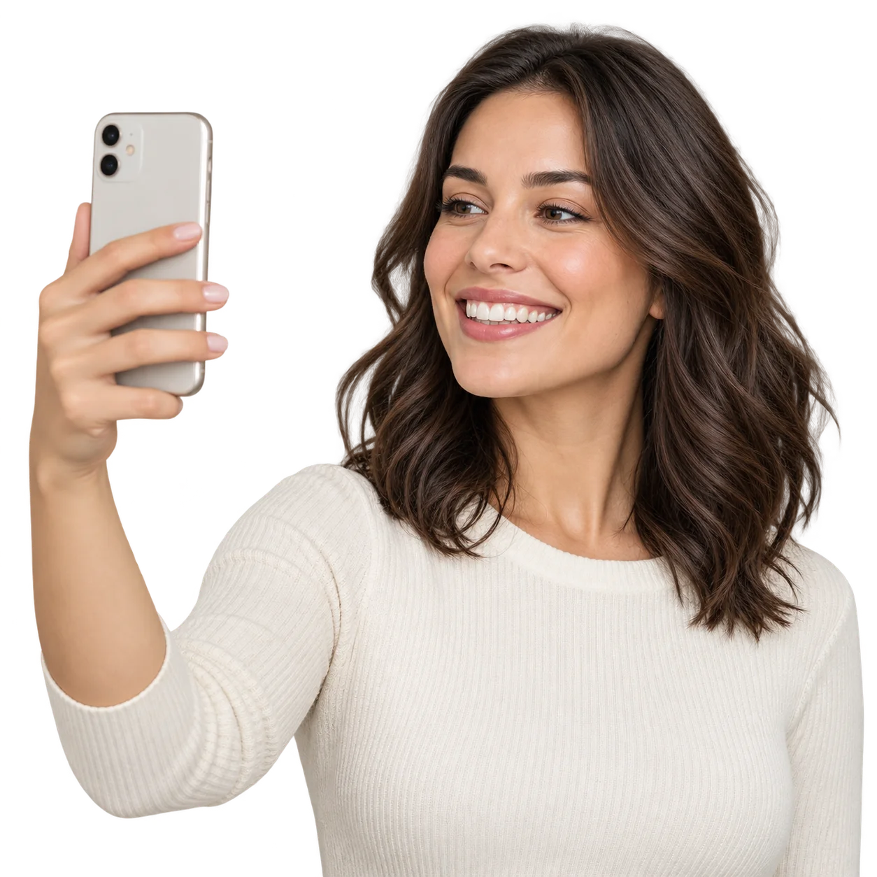 Smiling woman taking a smile selfie on her smartphone
